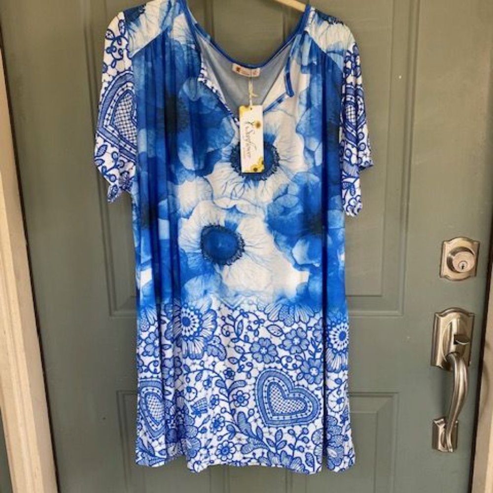 Tunic Top V Neck size 3X Blue & White Sunflower by Firmiana